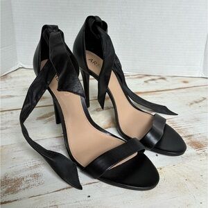 AREZZO black stiletto heels Brazilian leather ankle tie open toe sexy sz 38 NWOB